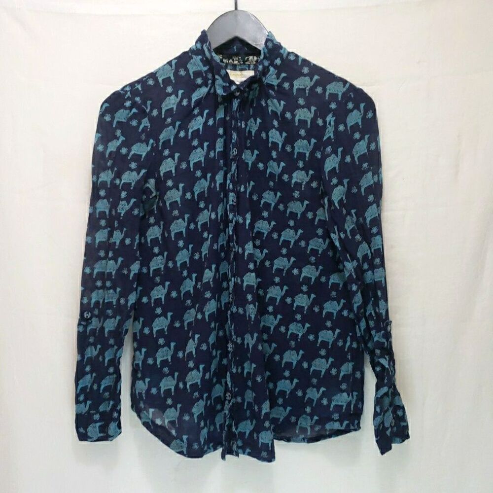 Hei Hei Anthropology Navy Blue Turquoise Camel Print Blouse S Long Sleeve Button
